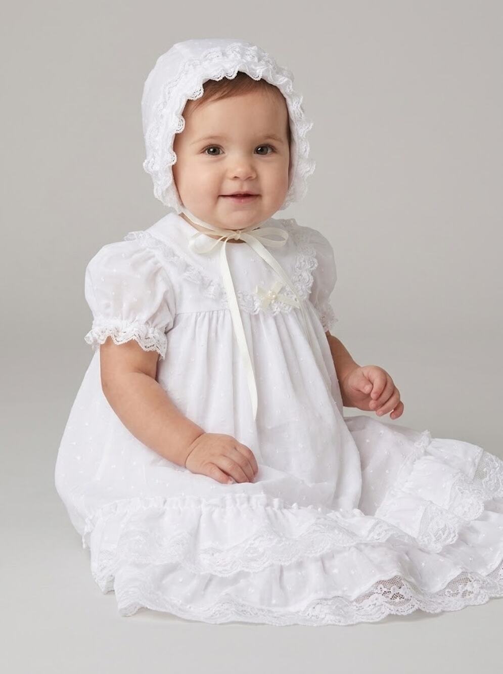 Vtg Phyllis Baby Wear Christening Gown Set Dotted Swiss Lace Dress Bonnet Large